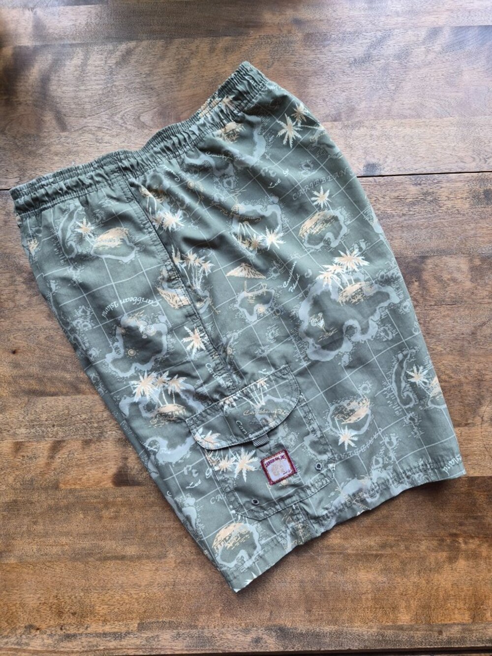 Caribbean Joe Men XL Swim Trunks Olive Green Map Palm Tree Cargo Board Shorts